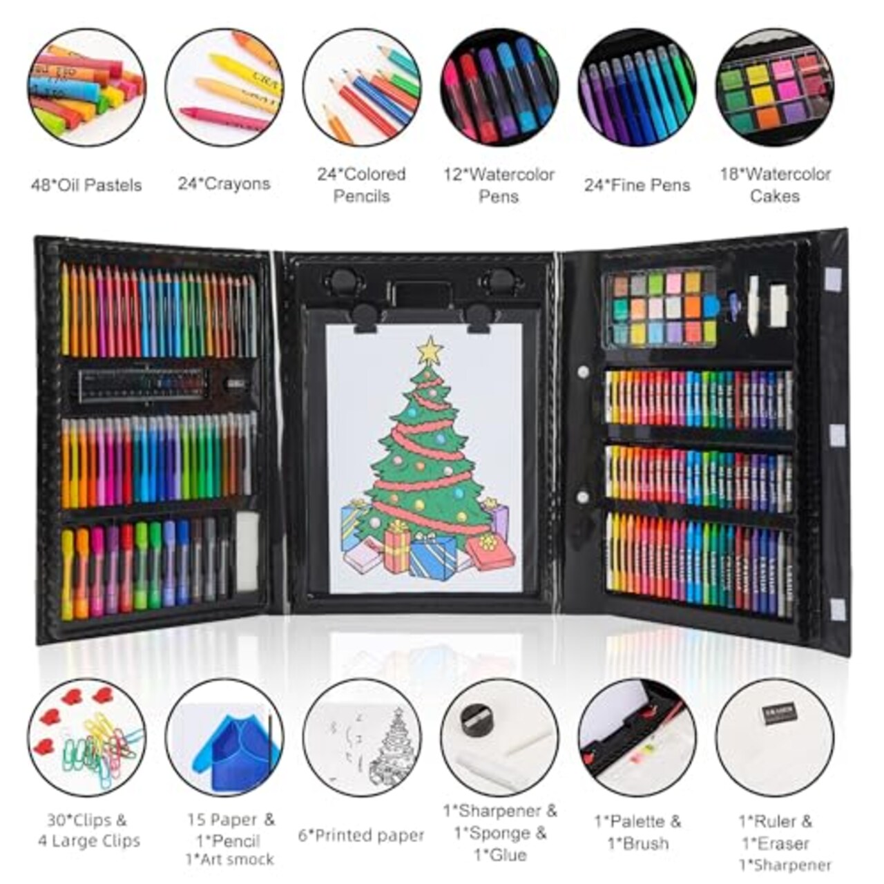 215 Piece Art Set Crafts Drawing Kit with Trifold Easel, Includes Preprinted Paper, Oil Pastels, Crayons, Colored Pencils, Smock & More Gifts for Girls Boys Teen Ages 4-6-8-9-12